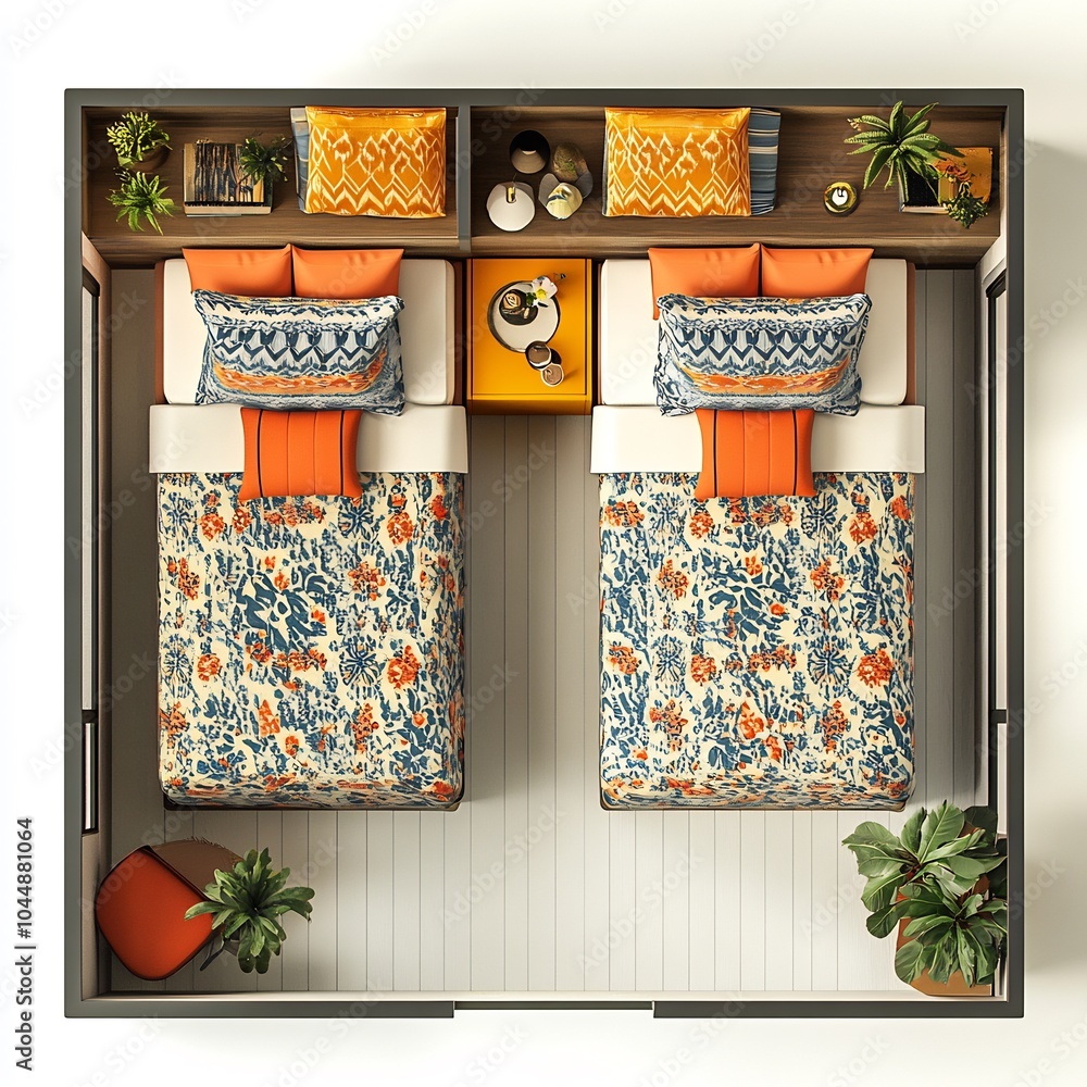 Poster guest room top view 3d render showcasing twin beds patterned bedding shared sleek nightstand and vib