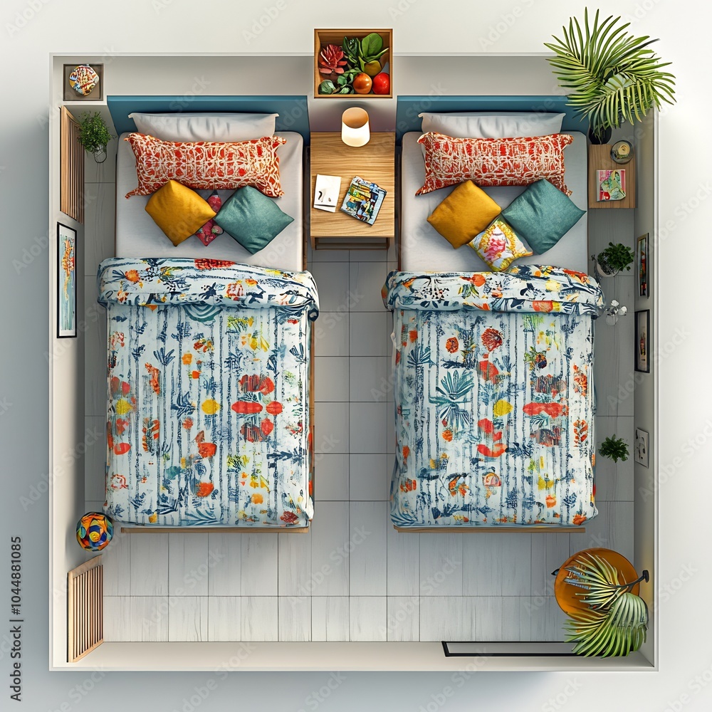 Poster guest room top view 3d render showcasing twin beds patterned bedding shared sleek nightstand and vib