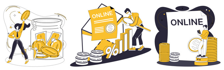 Savings account. People manage savings, growth charts, online forms and coin stacks. Ideal for financial planning, investment, digital banking, saving money and interest rates. Modern, flat vector