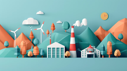 Sustainable energy landscape featuring wind turbines, factories, and mountains, showcasing renewable energy sources and eco friendly production methods