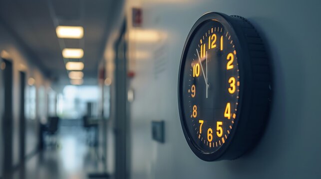 A digital clock on an office wall