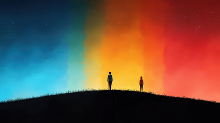Two figures stand on hill against vibrant gradient background of colors, evoking sense of wonder and connection
