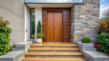 Entrance to a modern house with a wooden door and stone steps, home, welcome, front view, architecture, exterior, entryway