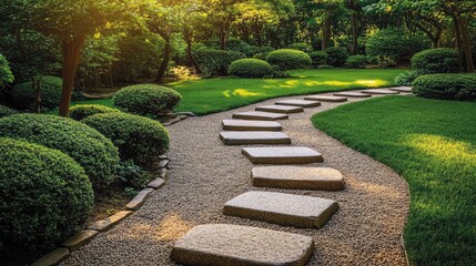 Obraz premium Serene Garden Path with Stepping Stones and Greenery