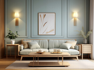 Living room interior in modern and classic styles with wooden panneling and bronze decor. Neutral and light colors interior with wooden wall panels.
