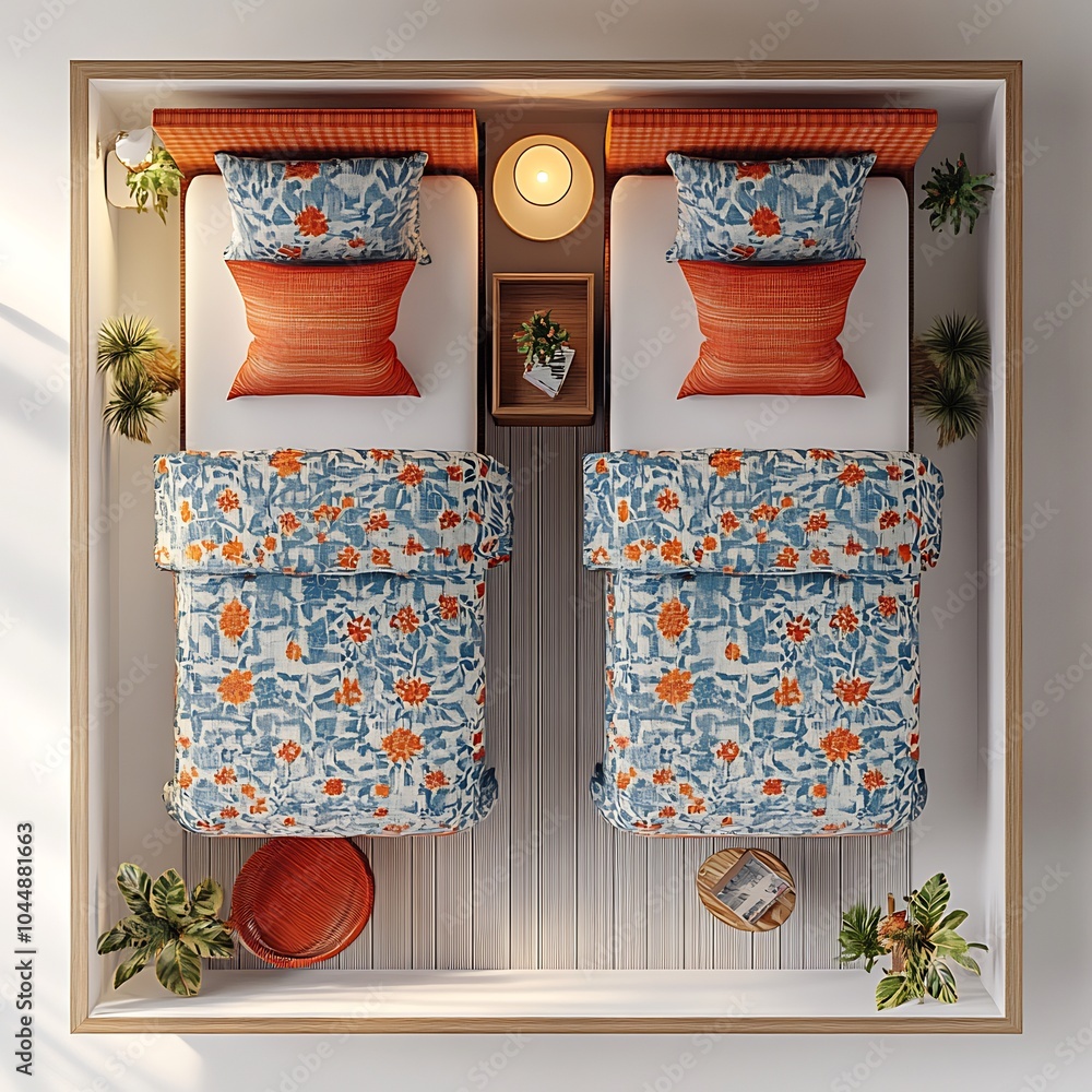 Poster guest room top view 3d render showcasing twin beds patterned bedding shared sleek nightstand and vib