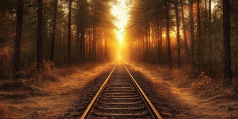 Fototapeta premium Railroad tracks vanishing into the distance through a forest illuminated by golden morning light