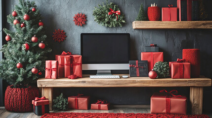 Festive home office with christmas decor and gifts