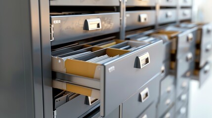 A filing cabinet with open drawers showing files