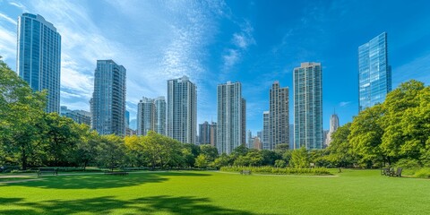 Obraz premium Urban park with expansive green lawns and towering skyscrapers under a sunny blue sky.