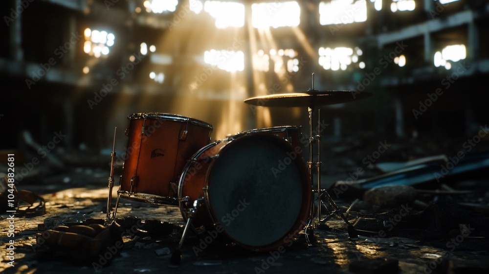 Poster a drum set sits in a dilapidated building with sunlight streaming through broken windows.