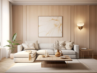 Living room interior in modern and classic styles with wooden panneling, bronze decor accent and large art. Neutral and light colors interior with wooden wall panels