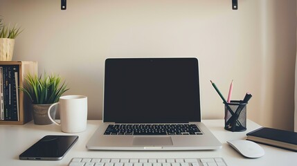 Obraz premium A laptop on a minimalist desk with office supplies