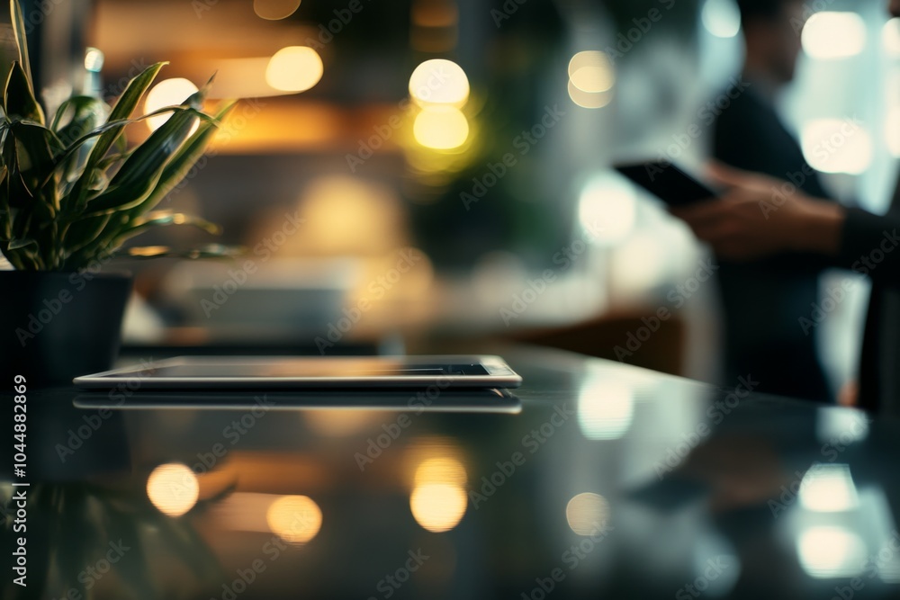 Poster modern office workspace with sleek tablet on glossy table, blurred professional in background using 