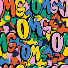 Seamless pattern lettering omg. Pattern speech sprey bubble with emotional graffiti text OMG. Vector bright graffiti cartoon illustration in retro pop art style. Seamless pattern text omg effects.