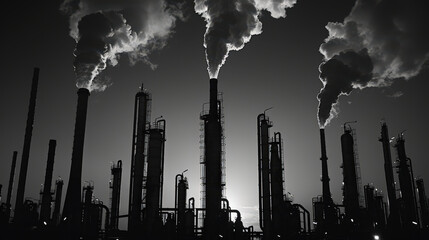 image depicts industrial towers emitting smoke against dramatic sky, highlighting impact of petrochemical processing. silhouette creates stark contrast, evoking sense of environmental concern