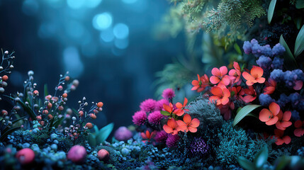Vibrant flowers bloom in lush, enchanting garden, showcasing variety of colors and textures. scene is illuminated by soft, ethereal light, creating magical atmosphere