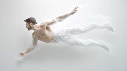 Obraz premium A human figure contorting and stretching, seemingly defying gravity and physics, within a confined space.