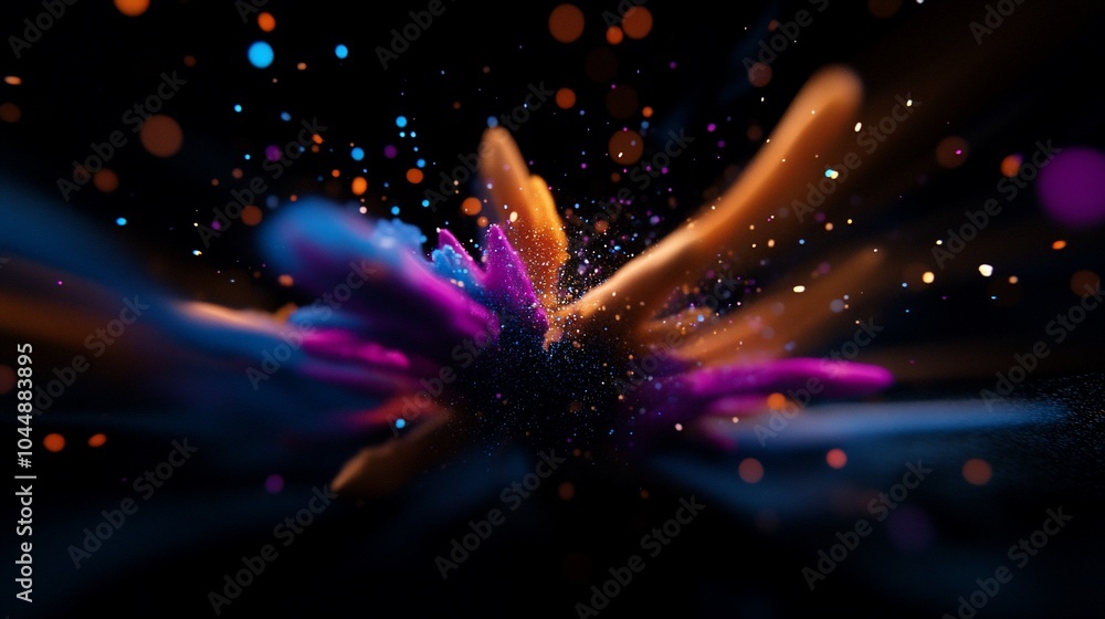 Poster abstract colorful explosion with glowing particles on a black background.