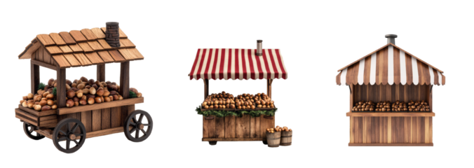 A set of three wooden nut stalls with rooftops, isolated on a transparent background, representing autumn harvest themes