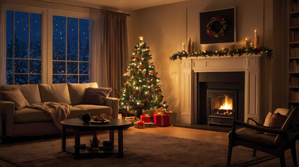 cozy christmas living room with tree and fireplace
