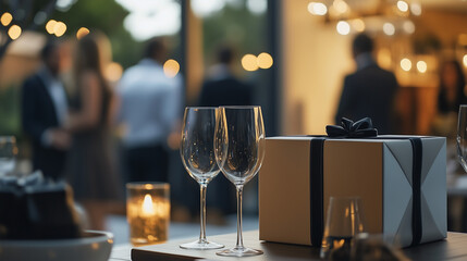 Elegant table setting with gift box and champagne glasses