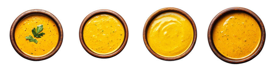 A collection of bowls filled with creamy yellow sauce is isolated on a transparent background, ideal for culinary concepts