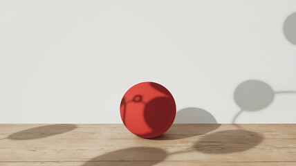 A vibrant red sphere positioned on a wooden surface, casting intricate shadows against a clean white wall, creating an artistic contrast in light and shape.