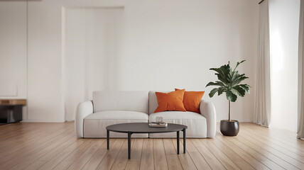 Cozy modern living room featuring a light sofa with orange cushions, a round black coffee table, and a lush potted plant, all set against a minimalistic white backdrop.
