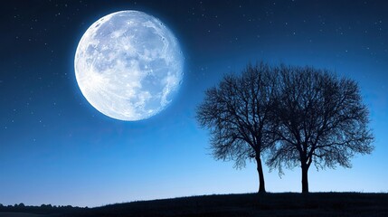 Large moon is shining in the sky above two trees, on a cloudless sky 