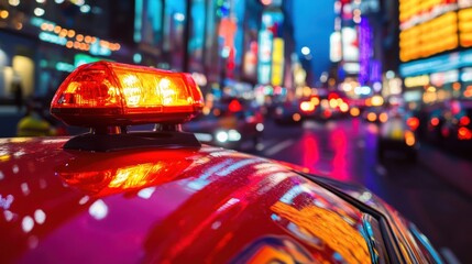 A red police car light reflecting in a busy cityscape at night.