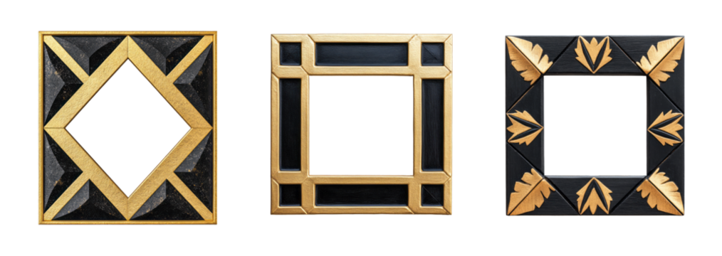 A collection of three ornate black and gold decorative frames isolated on a transparent background, ideal for art galleries