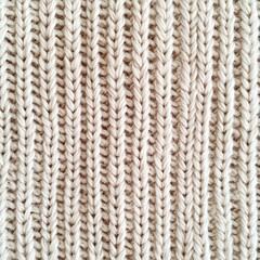 Close-up of beige knitted fabric texture showcasing intricate patterns and soft material.