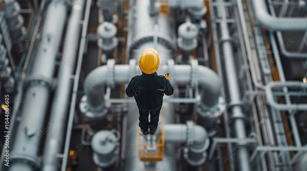 Poster worker in safety helmet inspects large industrial pipeline system, showcasing complexity of modern e