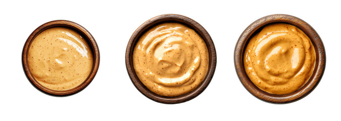 A collection of assorted spicy mayonnaise bowls is isolated on a transparent background, perfect for culinary themes or recipes