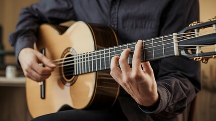 Obraz premium Close-up of someone playing an acoustic guitar with one hand pressing down on the fretboard and the other strumming the strings