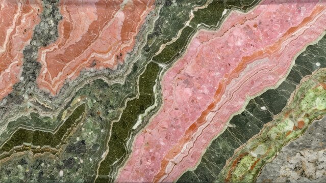 Polished unakite jasper surface macro photograph. Natural pink and green patterns in high resolution. Professional mineral photography showing detailed epidote and feldspar composition