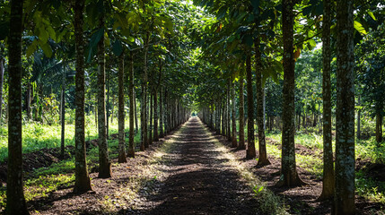 Obraz premium serene forest trail lined with tall trees creates peaceful atmosphere, inviting exploration and connection with nature. sunlight filters through leaves, enhancing tranquil setting