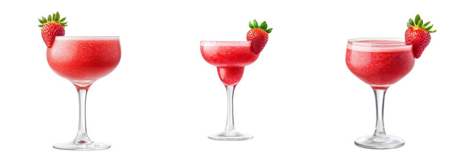 A set of three strawberry daiquiri cocktails isolated on a transparent background, perfect for summer celebrations and parties
