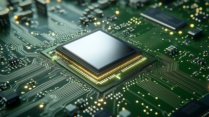 A small, rectangular digital temperature sensor is embedded in a green circuit board. The sensor’s sleek metallic surface is surrounded by tiny connections and intricate wiring