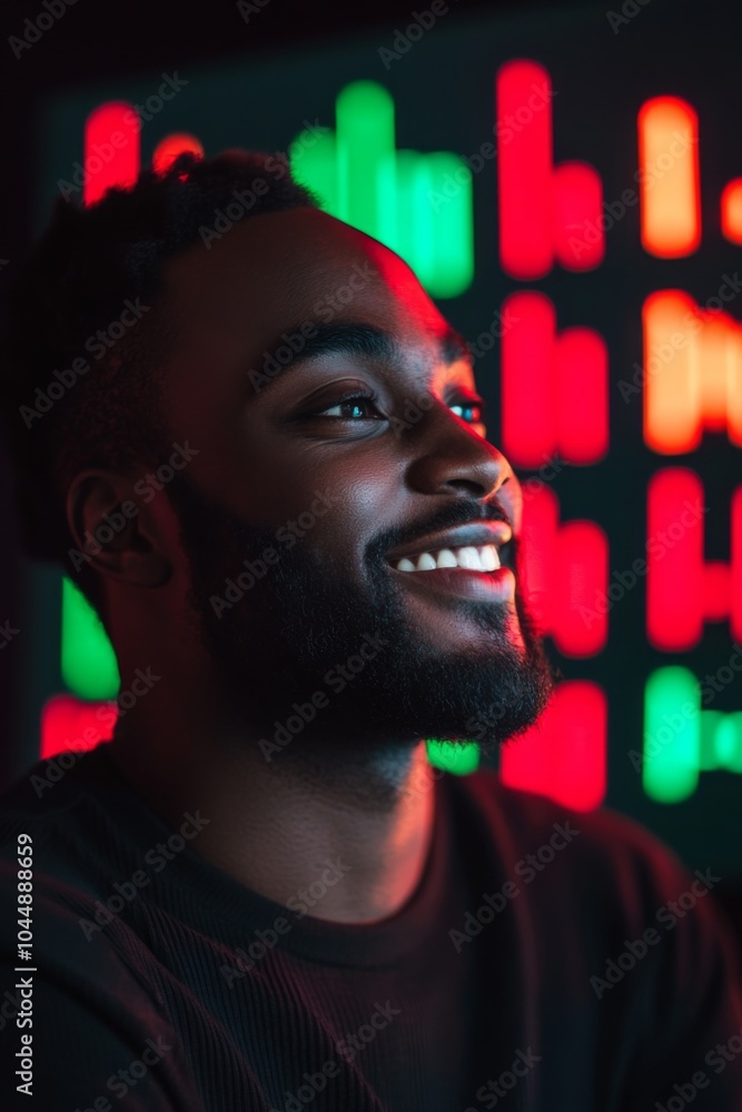 Poster smiling young man with a beard in front of colorful digital graphics, representing success in financ