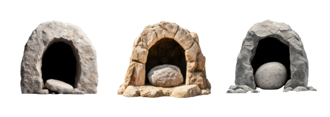 A collection of stone tomb entrances, isolated on a transparent background, symbolizing resurrection and Easter concepts