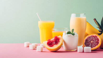 Fototapeta premium Glasses of colorful fruit smoothies with berries and sugar cubes, unhealthy concept of sugar harm