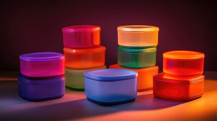 Colorful Plastic Storage Containers on Dark Background