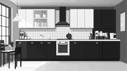 Black and white illustration of a modern kitchen interior.