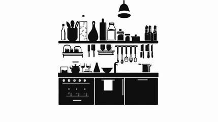 Black and white illustration of a modern kitchen interior.