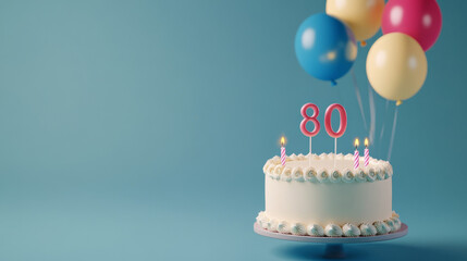 Birthday cake with candles for 80 years, balloons in background