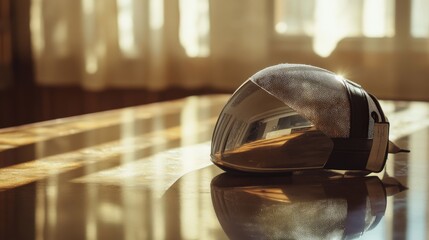 A close-up of a fencing mask on a glossy table, with a foil lying beside it, representing precision