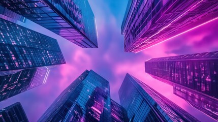 A dramatic upward view of skyscrapers illuminated in vibrant purple and blue hues.