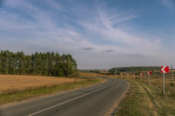 A road with a few trees in the background and a few red and white signs